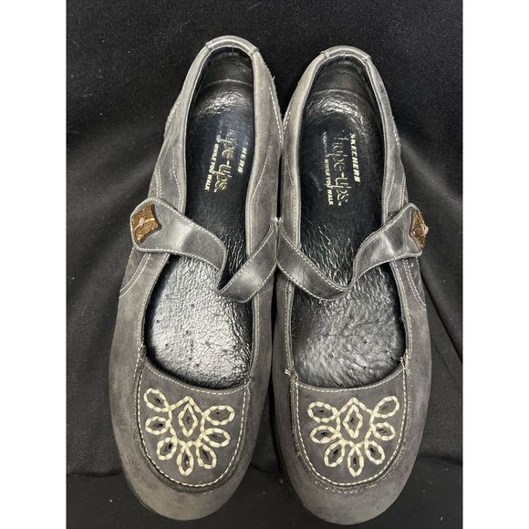 Skechers Shape Ups Sz 10 Gray-Black Suede Leather Embroidered Mary Jane Shoe 99Q - Picture 3 of 16